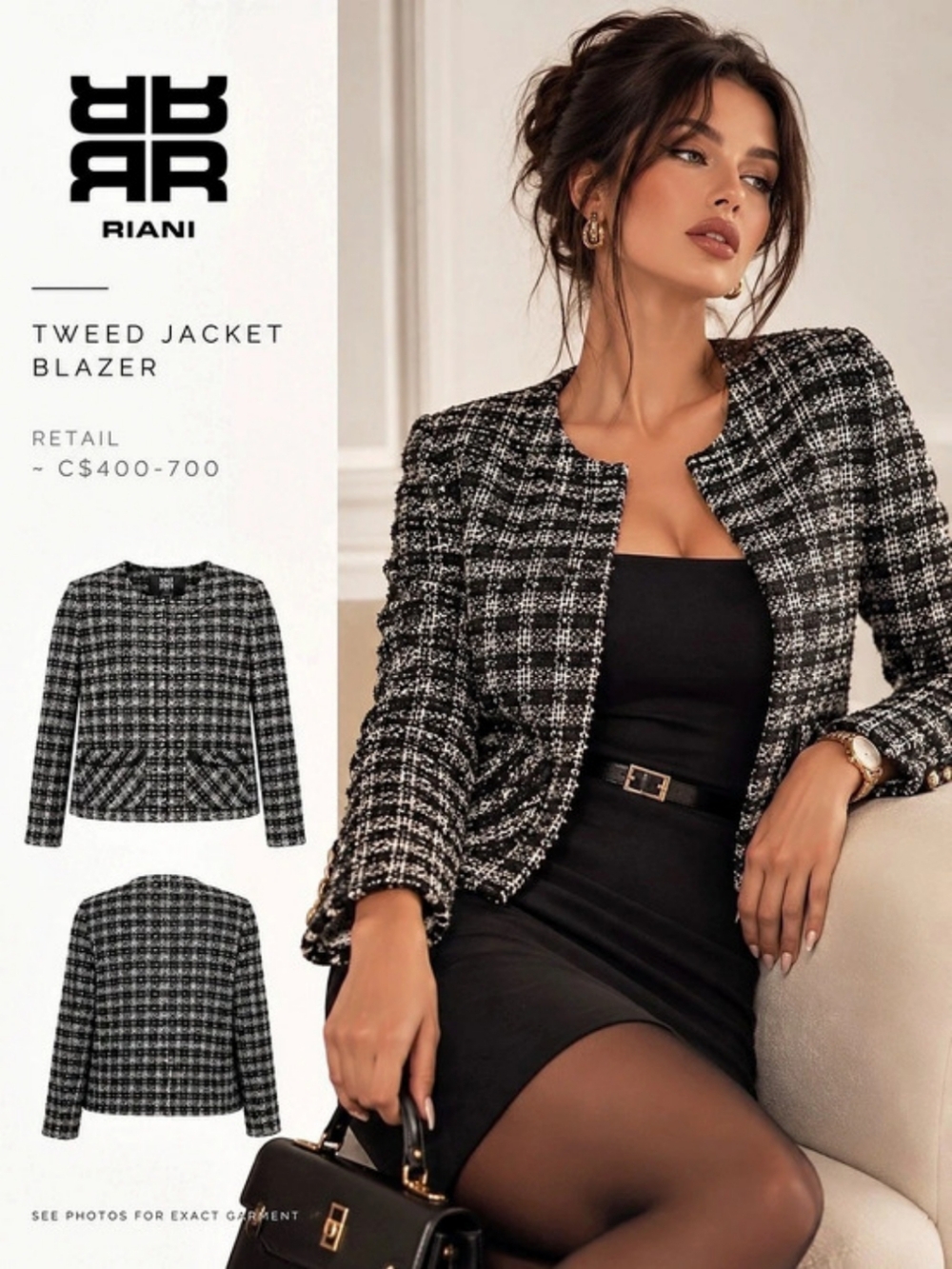 Riani Tweed Jacket Blazer Black White Elegant Business Designer Boss Luxury